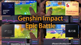 Exynos 2100 vs Snapdragon 888 vs Kirin 9000 vs A14 Epic Genshin Impact Test of 2021 Flagship Phones [upl. by Prochoras]