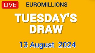 The National lottery Euromillions Draw Live Results From Tuesday 13 August 2024 live tonight [upl. by Eilsil413]