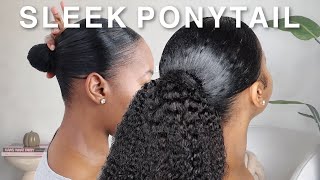 EASY Sleek Ponytail Tutorial On Natural Hair Using A Drawstring Ponytail  Junoda [upl. by Ettenel]