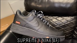 Unboxing Supreme x Air Force 1 Low Box Logo  Black  Full Review [upl. by Nonnahs]