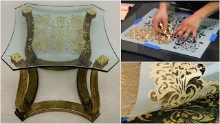 How to Stencil Tutorial Verre Eglomise Gilding on Glass Furniture [upl. by Noryb]