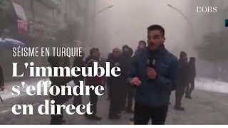 Séisme en Turquie  un immeuble seffondre pendant le direct dune équipe de télévision [upl. by Aihtnis]