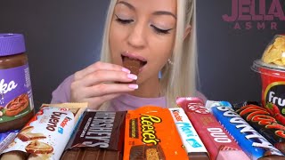 Jella ASMR chocolate candy bars Reese’s kinder mukbang bites only [upl. by Arodoeht]