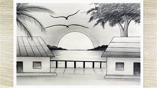 Sunset Landscape Drawing with pencil Pencil Drawing for Beginners step by step [upl. by Halstead]