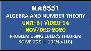 PROBLEM2 USING EULERS THEROM  ALGEBRA AND NUMBER THEORY  UNIT5 VIDEO14 [upl. by Antonetta]