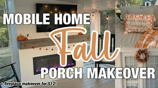 NEW 🍂 FALL MOBILE HOME PORCH MAKEOVER ON A BUDGET  outdoor fireplace makeover for 12 [upl. by Aber]