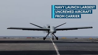 Mojave Royal Navy launch of largest uncrewed aircraft from carrier [upl. by Aihsenod]