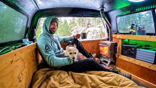 Camping In Snow And Rain With Wood Stove Truck Camper [upl. by Nodnyl]