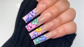 Long Tapered Square Acrylic Nails  Candy Heart Valentine Nails  Watch Me Do My Own Nails [upl. by Kcirdneked]