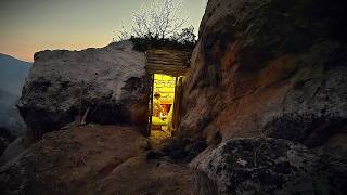 Cozy and Comfort Stone Shelter Between two Rocks in The Rain  Bushcraft Survival Camping [upl. by Atauqal526]