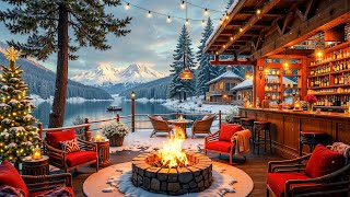 Relaxing Jazz Piano Music in Winter Outdoor Coffee Shop Ambience  Snow by The Lake amp Cozy Campfire [upl. by Nikal621]