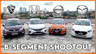 Nissan Almera 🆚 Honda City 🆚 Mazda 2 🆚 Proton Persona  2021 Bsegment shootout [upl. by Anirahc]