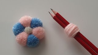 Making Pom Pom Flowers with Pencil🥰How to Make a Pom pom✔Woolen Ball MakingEasy Pompom Making [upl. by Saks]