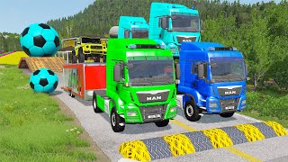 Double Flatbed Trailer Truck vs Speedbumps Train vs Cars  Tractor vs Train BeamngDrive 058 [upl. by Kenison379]