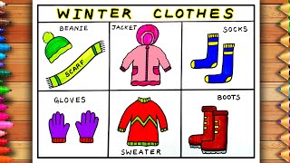 How to draw and colour Winter Season Clothes Easy  Winter Dresses Drawing  Winter Clothes Drawing [upl. by Parthen486]