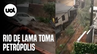 Chuva em Petrópolis vídeos mostram ruas tomadas por lama [upl. by Schroeder]