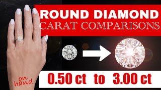 ROUND DIAMOND CARAT COMPARISONS Natural amp LAB  On Size 6 Hand Whats Your Favorite Size 50 to 3cts [upl. by Assyn]