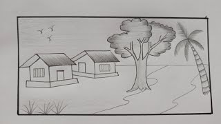 Drawing a village scenery in pencil sketch  How to draw village scenery easily [upl. by Arabela196]