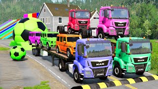 Double Flatbed Trailer Truck vs Speedbumps Train vs Cars Tractor vs Train Beamng Drive 069 [upl. by Alleynad384]