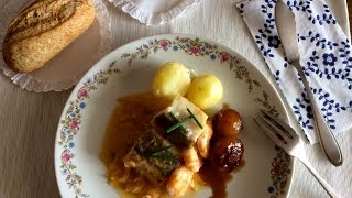 Bacalao con Langostinos en Salsa de Naranja y Cebollitas Glaseadas [upl. by Windy]