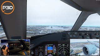 P3D V53  Full flight  Snowy Crosswind landing Montreal  EGLL  CYUL  PMDG 777  Honeycomb Alpha [upl. by Skipp]