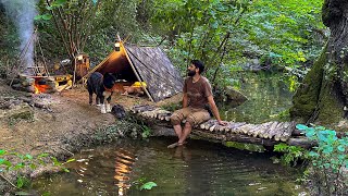 3 DAYS solo survival CAMPING Catch and Cook Primitive Fishing Bushcraft Tarp Shelter [upl. by Airdnas]