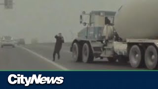 Cement truck narrowly misses man on Port Mann Bridge [upl. by Avrom]