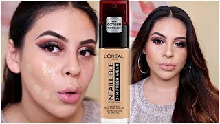 NEW LOREAL INFALLIBLE FRESH WEAR 24HR FOUNDATION FIRST IMPRESSION REVIEW amp DEMO  JuicyJas [upl. by Lucienne882]