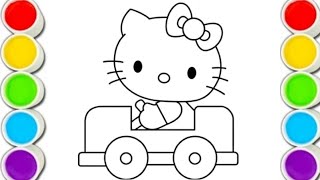 Hello Kitty and her car Easy and Cute drawing easy with colours [upl. by Lanrev]