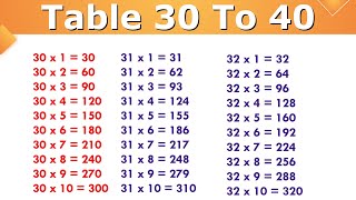 TABLE 30 TO 40  30 se 40 Tak pahada  30 to 40 Table [upl. by Ridan]