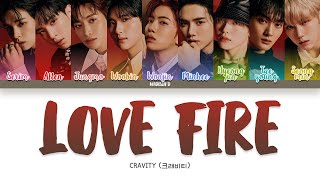 CRAVITY 크래비티  LOVE FIRE Lyrics Color Coded HanRomEng [upl. by Naillimixam]