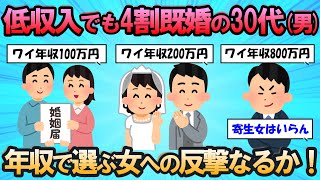 【2ch 面白いスレ】低収入でも4割が既婚の30代男子！年収に執着する女への反撃となるのか！？未婚率データを発想の転換で読み取ると…【婚活】 [upl. by Atwood]