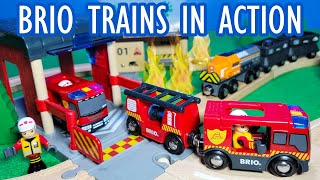 BRIO Trains  Fire Truck Farm Road Construction Coal Mine and Cargo Wooden Trains Video [upl. by Rolat]