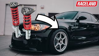 BMW E82 135i BEST BUDGET COILOVER INSTALL AND OVERVIEW RACELAND COILOVERS [upl. by Dinerman]