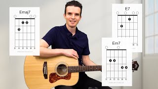 🎸 Guitar E7 chord Em7 chord Emaj7 chord E seven E minor 7 E major 7 Lesson with chord diagrams [upl. by Alag]