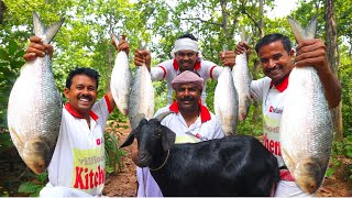 Bengali famous Hilsha fish amp Mutton curry recipe  Sorshe Ilish recipe cooking for village people [upl. by Gnouc]