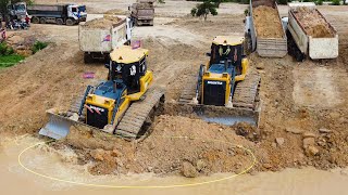 Excellent TeamWork  Big Dump Trucks Loading And Two Bulldozer SHANTUI Cutting Land into Water [upl. by Gnal]