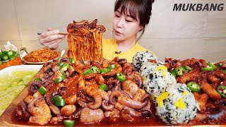 SUB 매운 선화동 쭈꾸미 2kg ㅣFt우동사리 주먹밥ㅣ먹방 Spicy webfoot Octopus Hot pepper noodles REAL SOUND ASMR MUKBANG [upl. by Yrffej81]