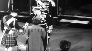 King of Norway Olav V received by Queen Elizabeth Prince Phillip and British PriHD Stock Footage [upl. by Werdma297]