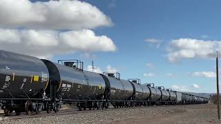 Locomotive Train passing by with Box Railcars amp black Tanker Railroad cars [upl. by Edan]