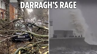 Killer Storm Darragh sparks more travel chaos as trees crush cars and block roads in 70mph winds [upl. by Llehsem]