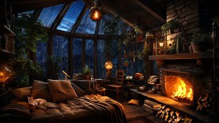 Thunderstorm with Lightning Rain Crackling Fireplace amp Sleeping Cats in a Cozy Cabin [upl. by Uokes]