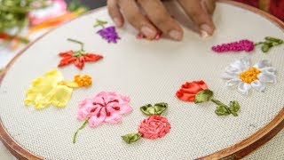 10 RIBBON EMBROIDERY FLOWERS Hand Stitching Tutorial for Beginners [upl. by Strauss518]