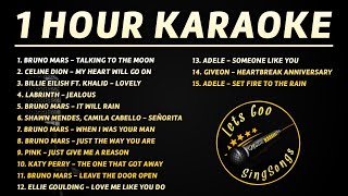 1 HOUR KARAOKE SONGS WITH LYRICS 🎤 Bruno Mars Adele Celine Dion Katy Perry Billie Eilish [upl. by Anamor]