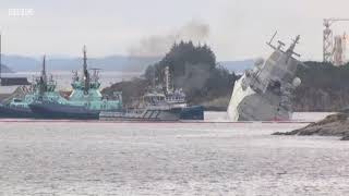 Helge Ingstad Norways warship collides with tanker in fjord [upl. by Ader]