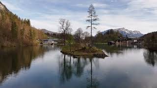 Drone View 4K  Christlieger Island with Nepomuk statue Koenigssee Berchtesgaden National Park [upl. by Appel926]