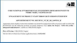 CSIR NEERI UGC JRF Vacancy Jobs Research project MSc ChemistryEnvironmental Nagpur [upl. by Atiluj]