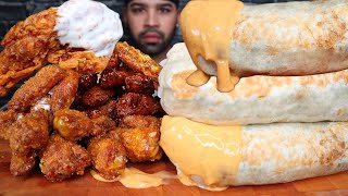 ASMR GIANT BURRITOS WITH CHEESE SAUCE AND CHICKEN WINGS WITH EXTRA RANCH MUKBANG [upl. by Abroms]