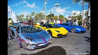 100Lambos Aventador Huracan Murcielago Arriving to Lamborghini Miami BullFest 2018 Revs Flames FUN [upl. by Ahsenod610]