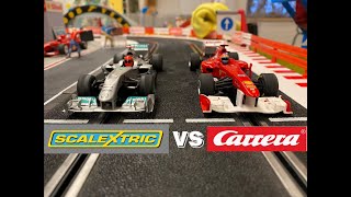 Scalextric F1 vs Carrera F1 the Performance Test on a 20m Track [upl. by Noswad]